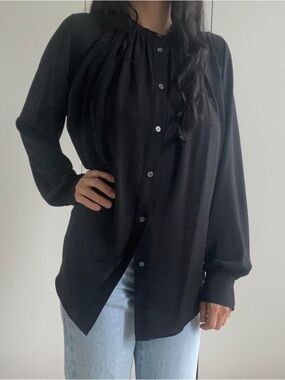 Aritzia Black Gathered-Neck Button Front Blouse XXS